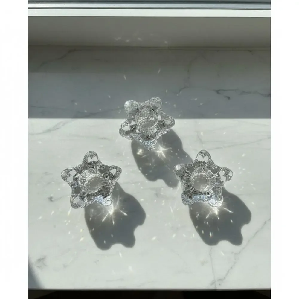 Set of 3 Crystal Star Taper Candle Holders-Scandinavian Mid Century Modern-Glass